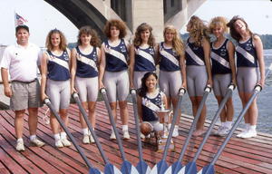 1989 Girls Varsity Eight
(bow) Shauna Vick, (2) Amy Catoe, (3) Jennifer Shank, (4) Julianna Sparkman, (5) Gwynn Lawrence, (6) K